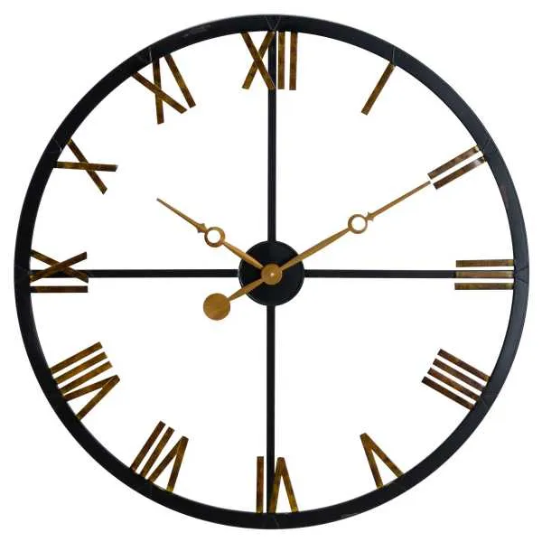Black And Gold Roman Numerals Skeleton Round Station Clock 80cm