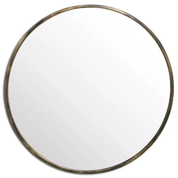 Antique Brass Finish Large Rounded Narrow Edged Bedroom Wall Mirror 120 cm Diameter