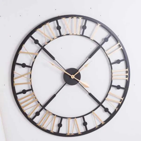 Black And Gold Roman Numerals Vintage Style Skeleton Round Wall Clock 95cm