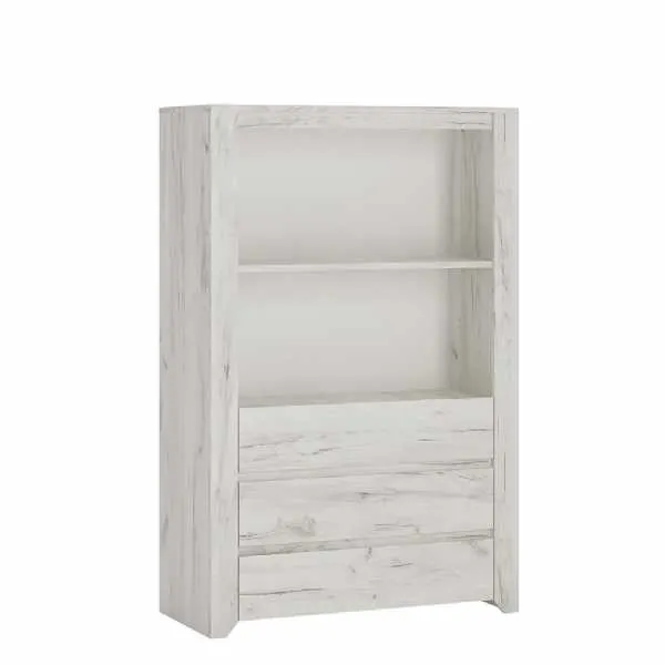 White Crafted Oak Effect 3 Drawer Cupboard Cabinet With Open Shelf