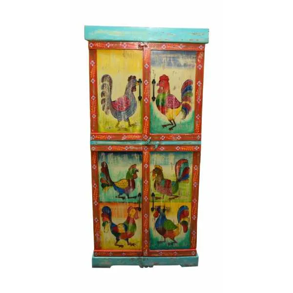 Carnival Hand Painted Vintage Rooster Folk Pattern 4 Door Tall Storage Cabinet