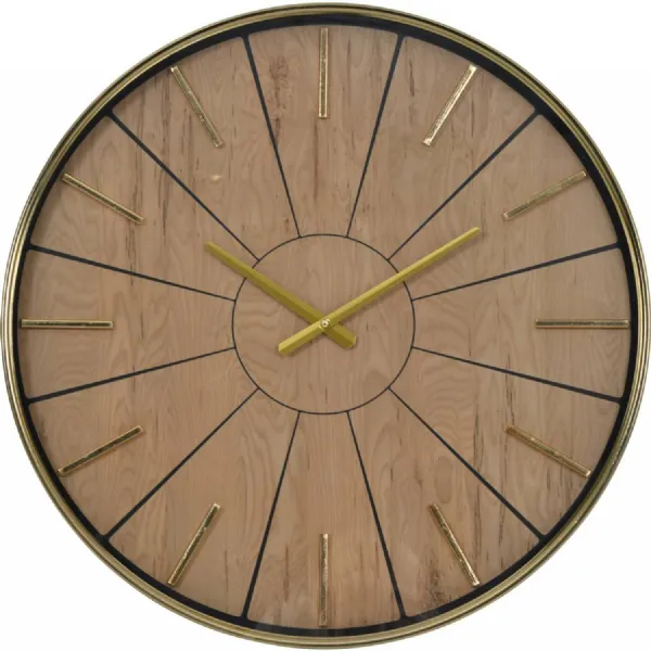 Gold Metal Round Wooden Effect Wall Clock 60cm Diameter