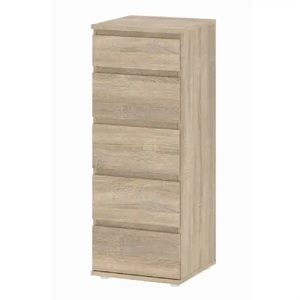 Tall Narrow Slim Oak 5 Drawer Chest With Recessed Handles