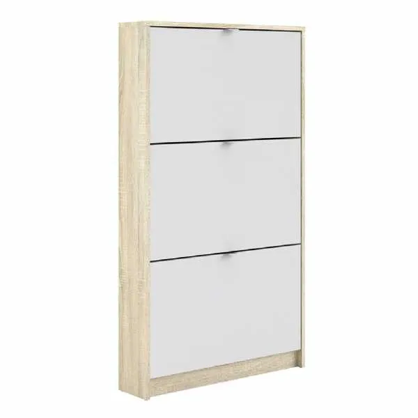 White and Light Oak Hall Wall Shoes Cabinet 3 Tilting Drop Down Doors