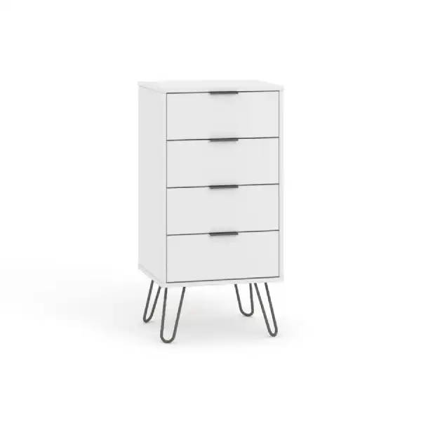 Modern Augusta Narrow White Bedroom Chest of 4 Drawers on Hairpin Legs
