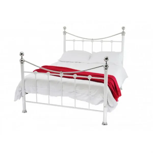 White Metal Bed with Mesh Base and Chrome Knobs 5ft Kingsize