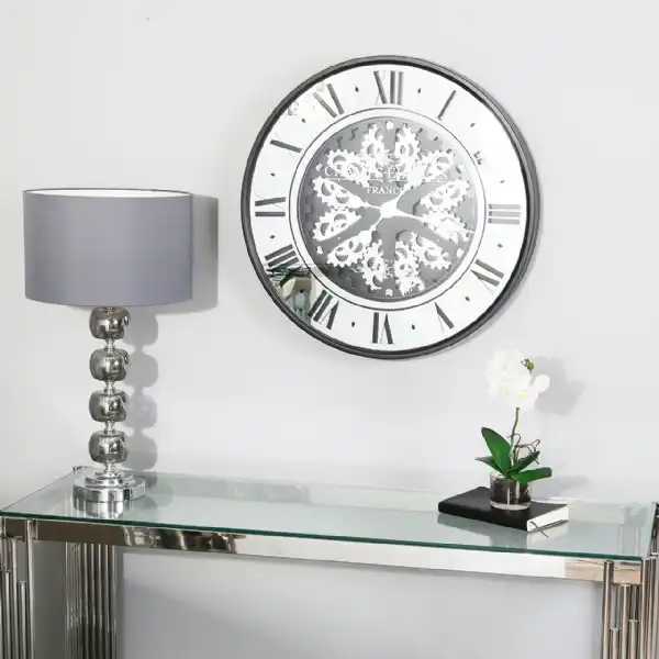 Round Black And Mirrored Gears Wall Clock Roman Numerals