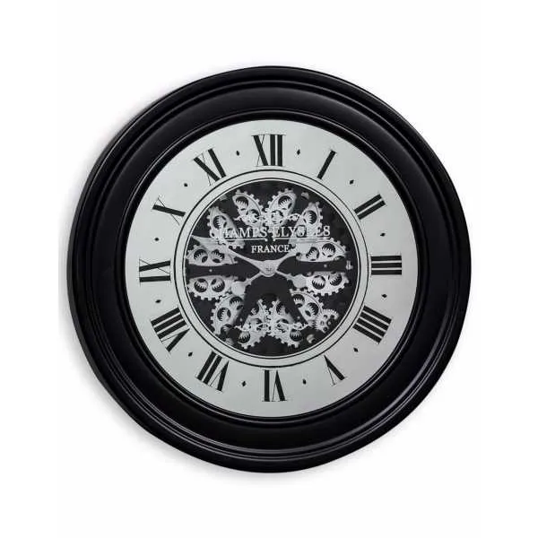Black Mirrored Face Round Moving Gears Wall Clock