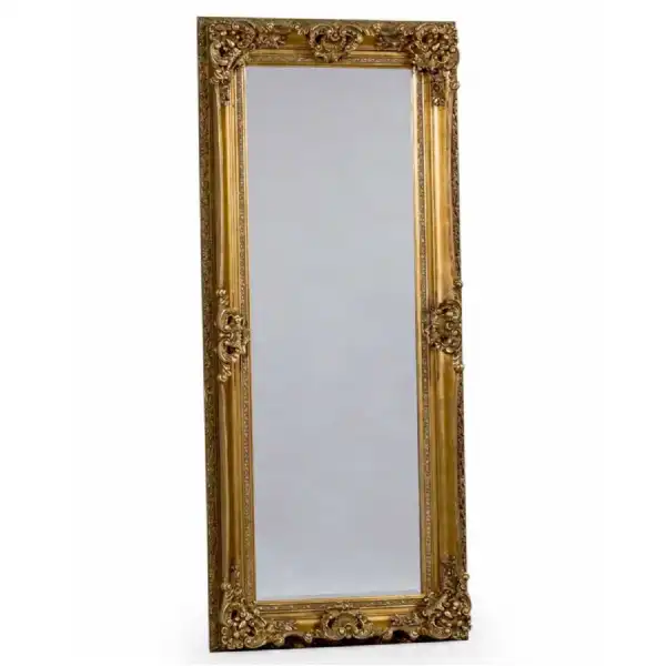 Gold Tall Wall Mirror with Ornate Carved Frame