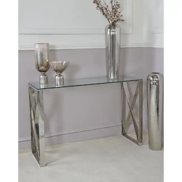 Criss Cross Stainless Steel Console Table Clear Glass Top
