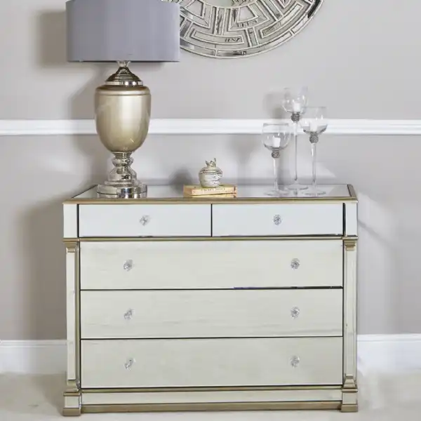 Large Gold Trim Mirrored Glass Chest of 5 Drawers