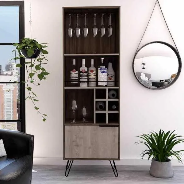 180cm Tall Narrow Drinks Cabinet Smoked Oak and Bleached Effect 2 Doors