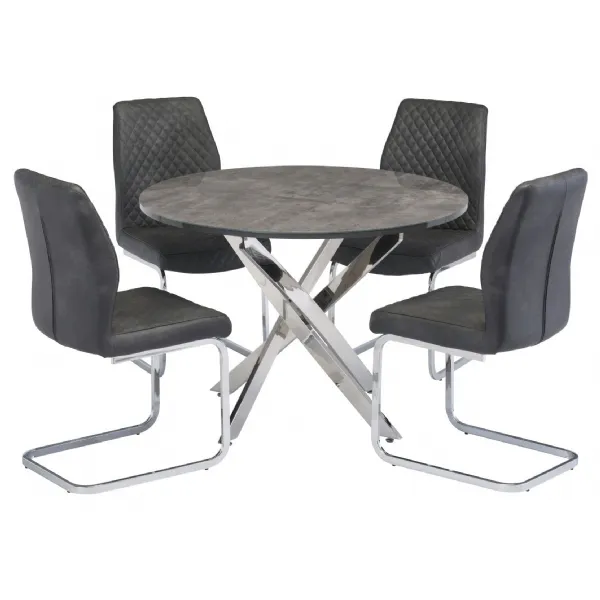 Grey Ceramic Top Round Dining Table and 4 Dining Chairs Set