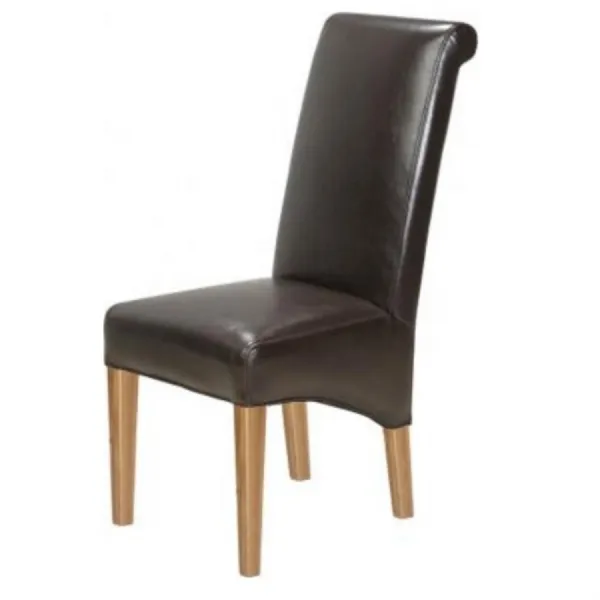 Dining Chair in Brown Bonded Leather and Oak Leg