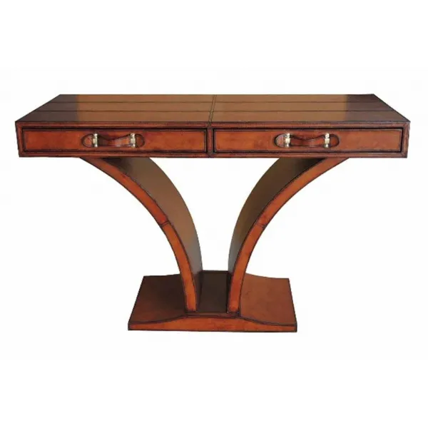 Handcrafted Leather And Brass Console Table Cognac