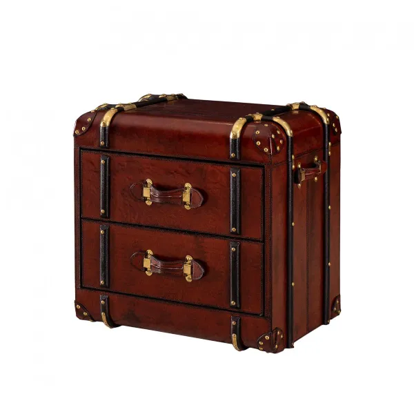 Handcrafted Leather And Brass 2 Drawer Side Table Trunk
