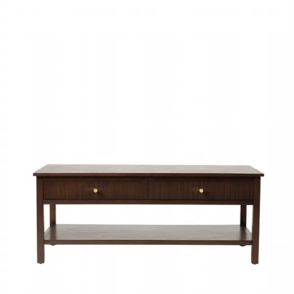 Walnut Dark Brown Wooden 2 Drawer Coffee Table with Shelf