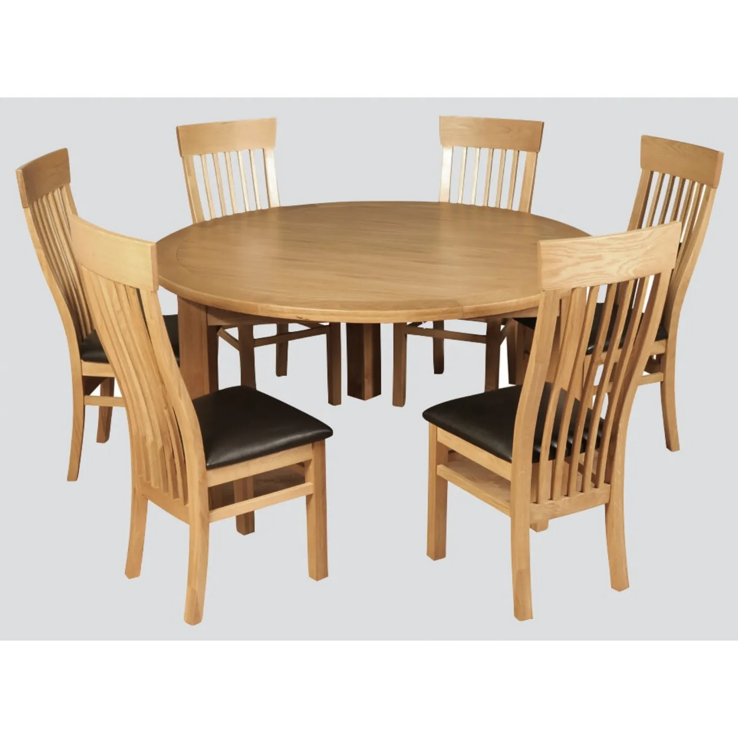 Solid Oak 150cm Round Dining Table and 6 Oak Dining Chairs