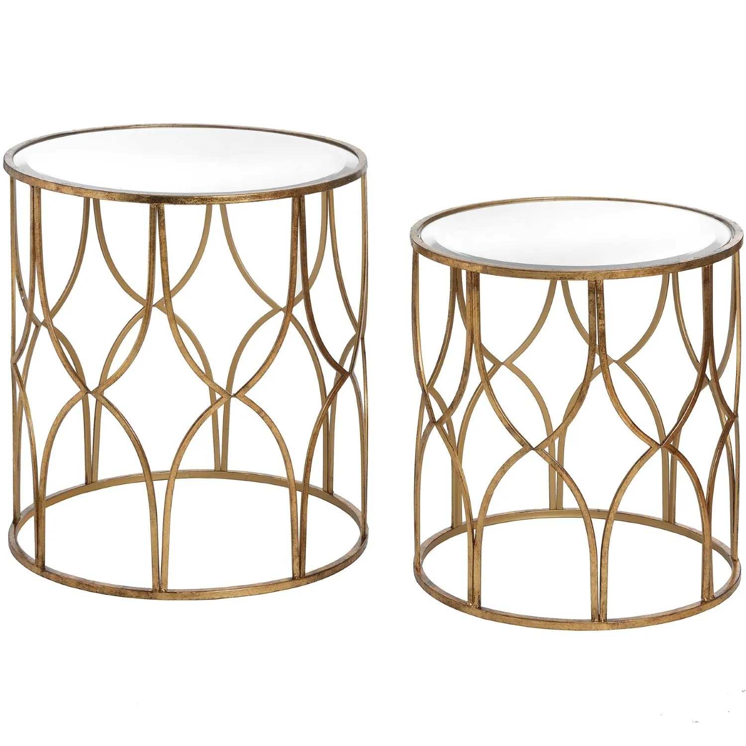 Set Of 2 Lattice Detail Antique Gold Finish Round Side Tables Glass Top Metal Base