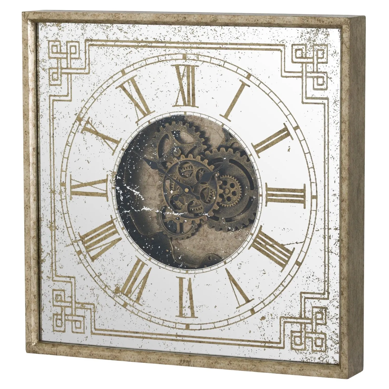 Retro Antique Gold Square Framed Wall Clock With Moving Gears Mechanism 60cm Diameter