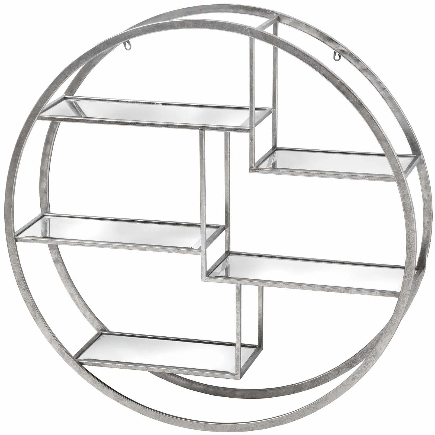 Large Circular Silver Wall Hanging Multi Shelf Unit With Glass Shelves