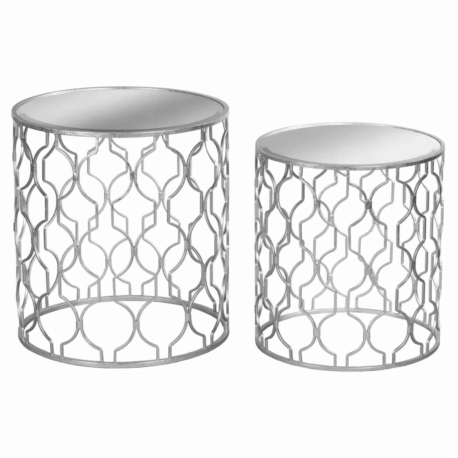 Set of 2 Arabesque Silver Foil Mirrored Glass Side Tables On Metal Bases