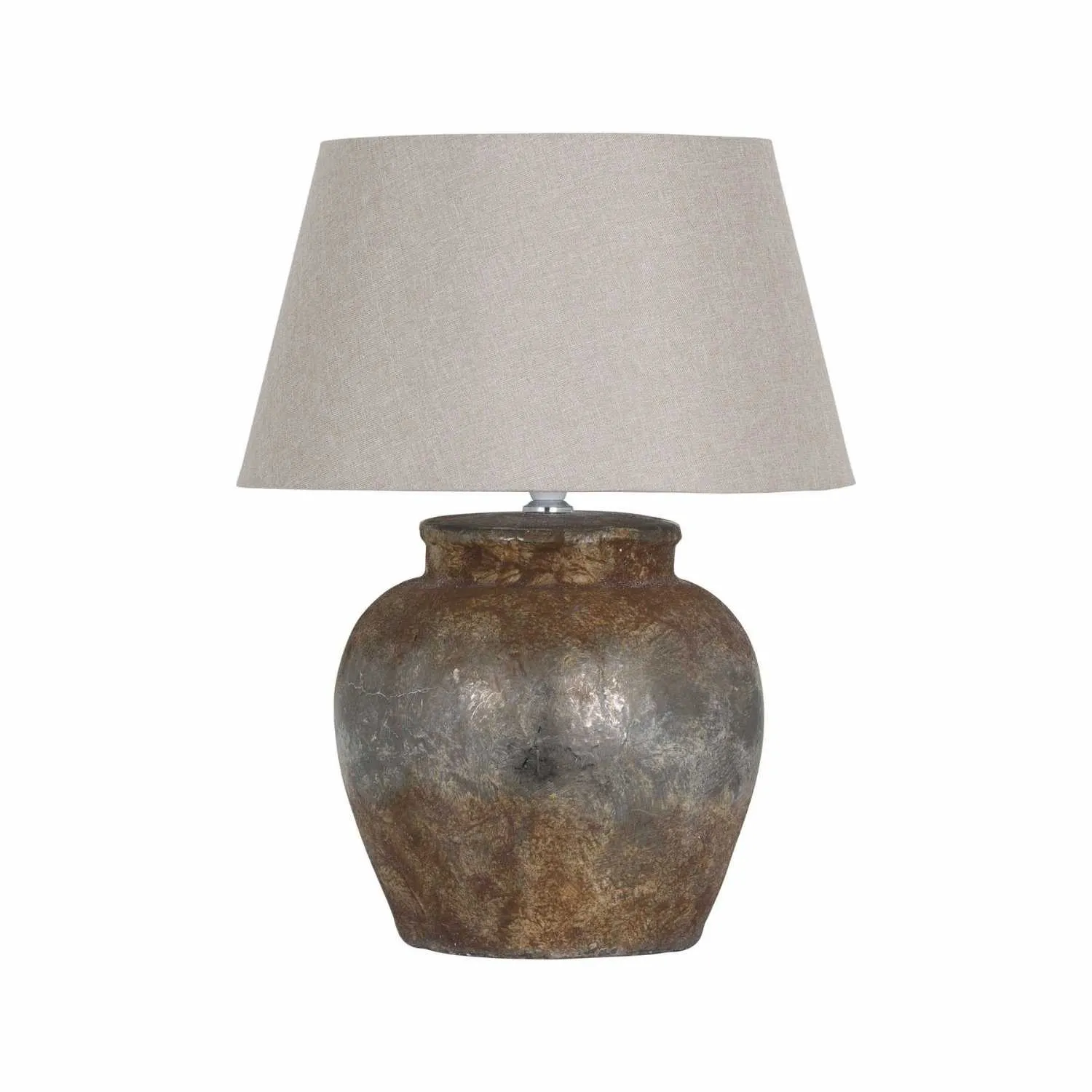 Round Shaped Aged Beige and Black Stone Ceramic Table Lamp Beige Linen Shade