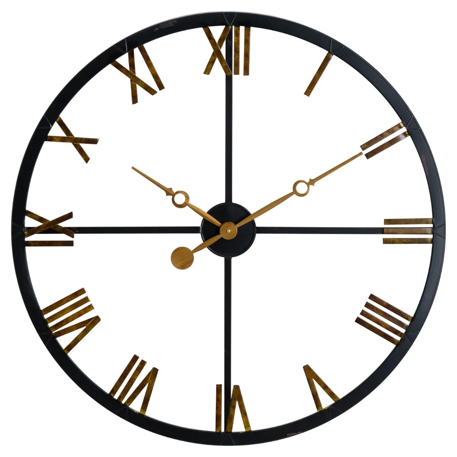 Black And Gold Roman Numerals Skeleton Round Station Clock 80cm