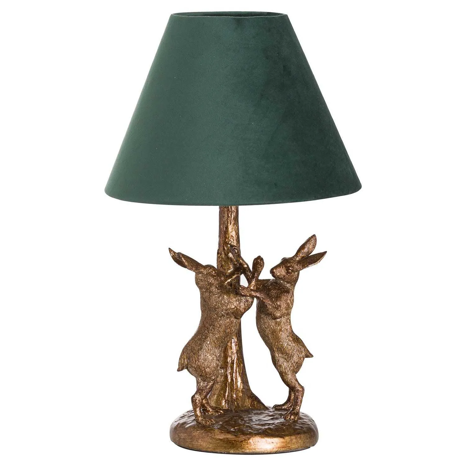 Antique Gold Boxing Fighting Hares Desk Table Lamp Green Velvet Fabric Shade
