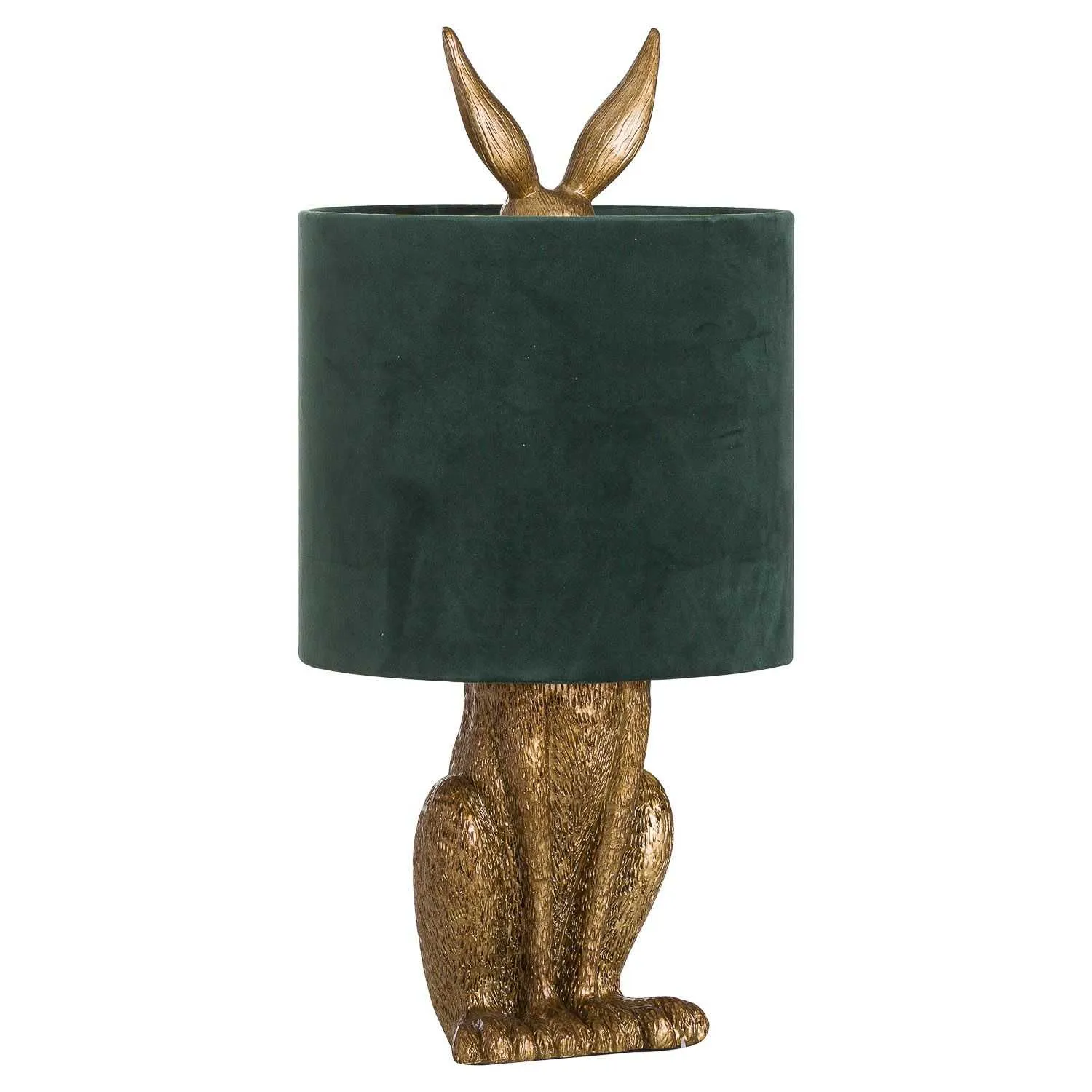 50cm Tall Antique Gold Hare Rabbit Table Lamp With Green Velvet Round Shade