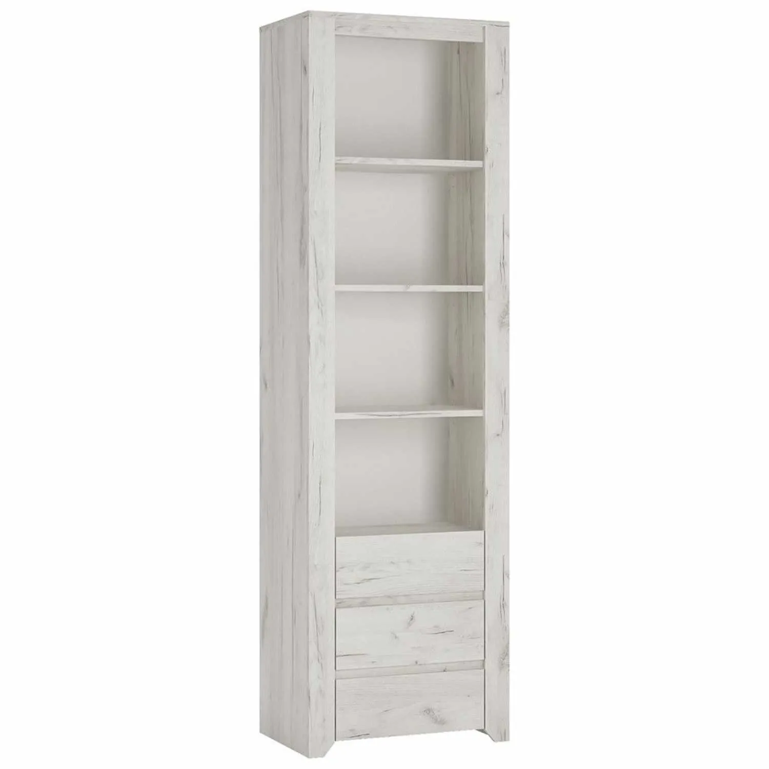 White Crafted Oak Effect Tall Slim Narrow 3 Drawer Bookcase