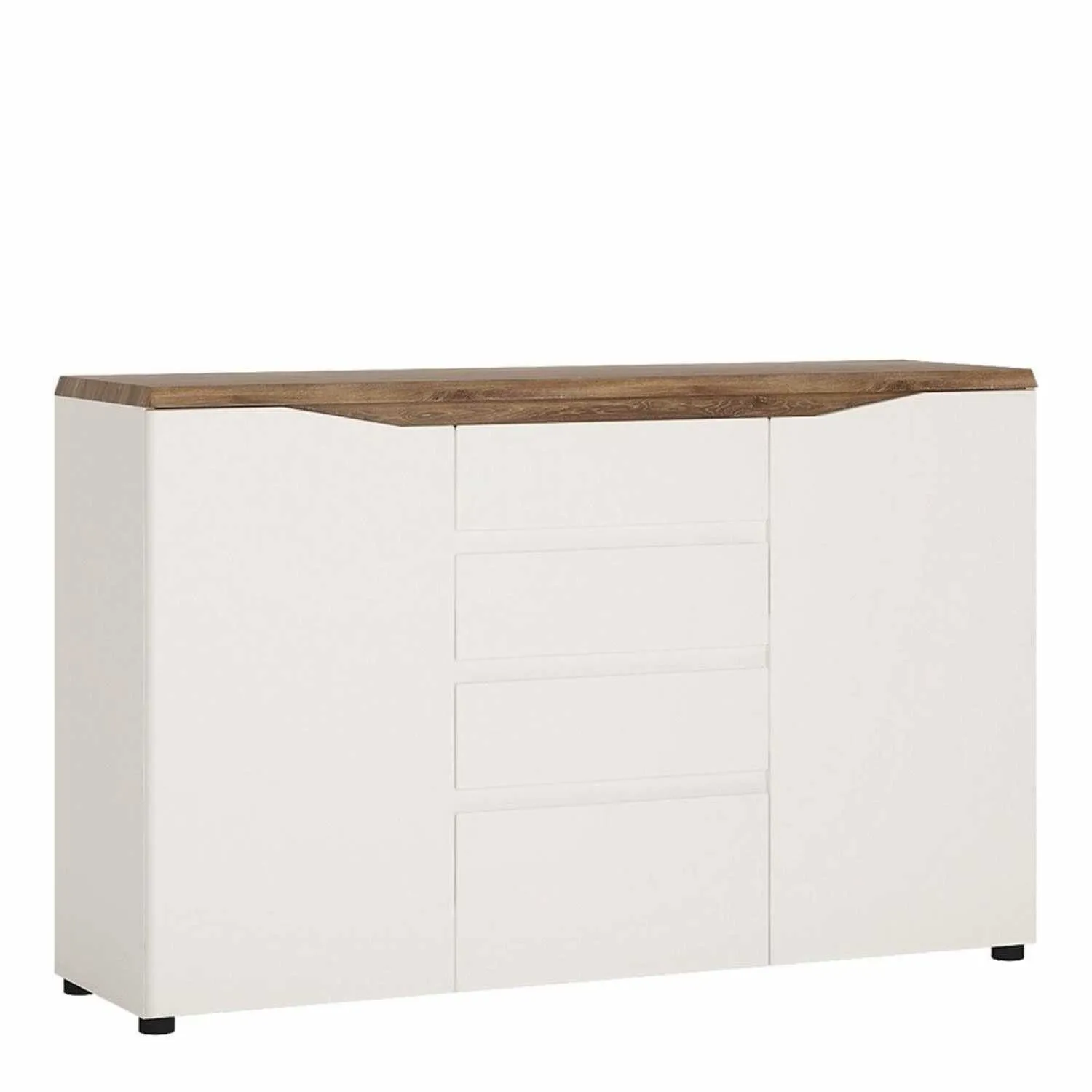 Modern Large Wide White High Gloss 2 Door Sideboard With Oak Top