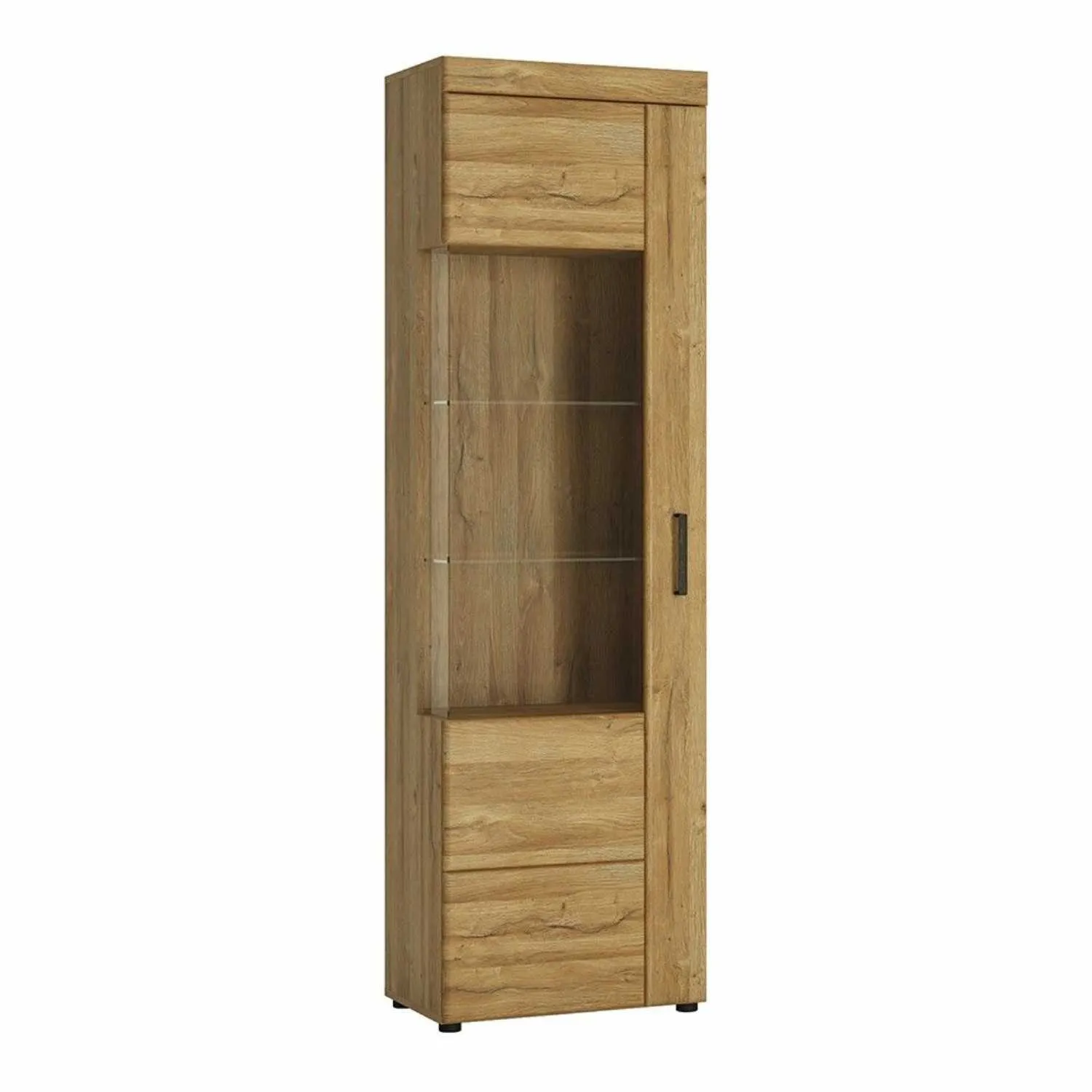 Tall Narrow Glazed Oak Finish Display Cabinet LH With 5 Shelves