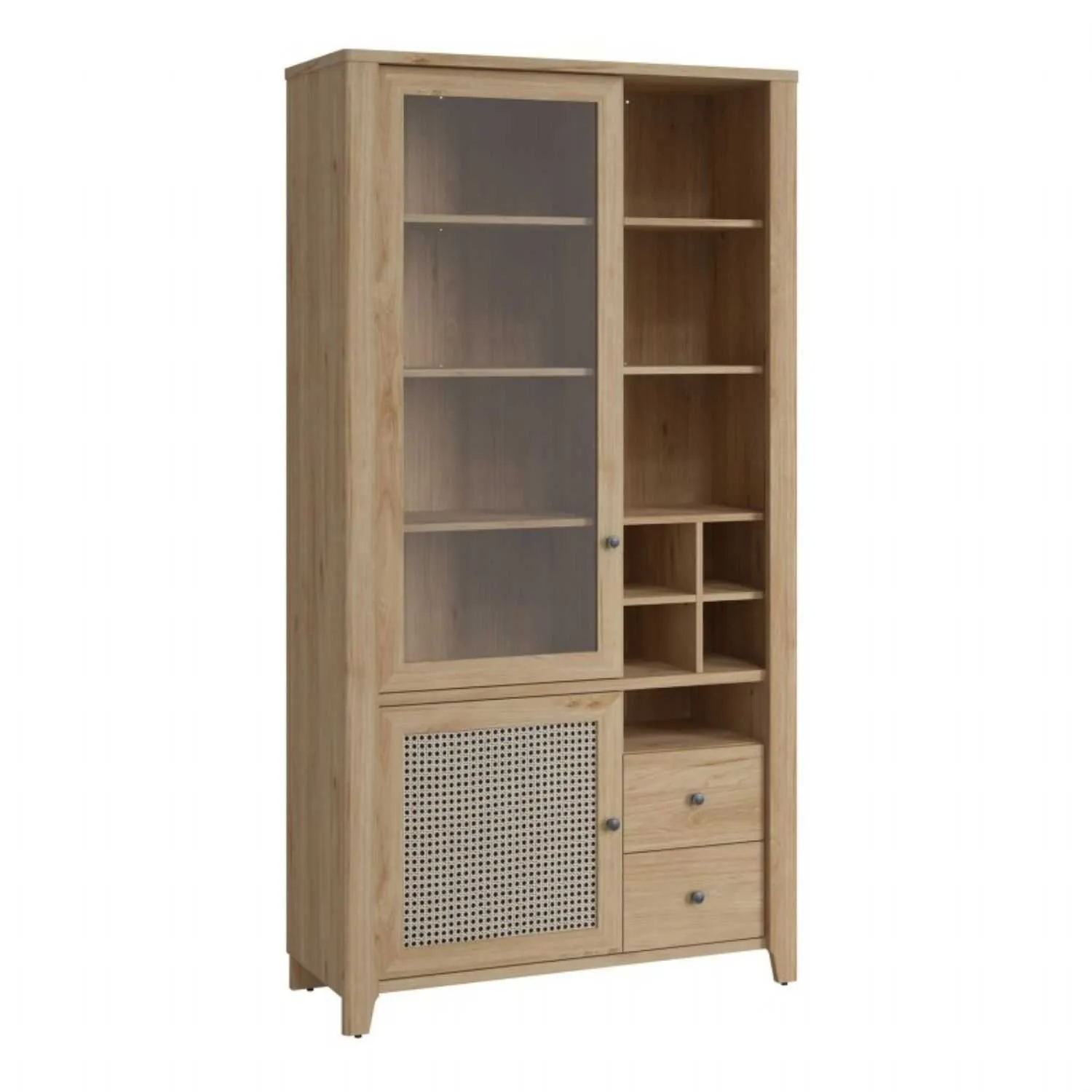 Cestino 2 Door 2 Drawer Display Cabinet in Jackson Hickory Oak and Rattan Effect