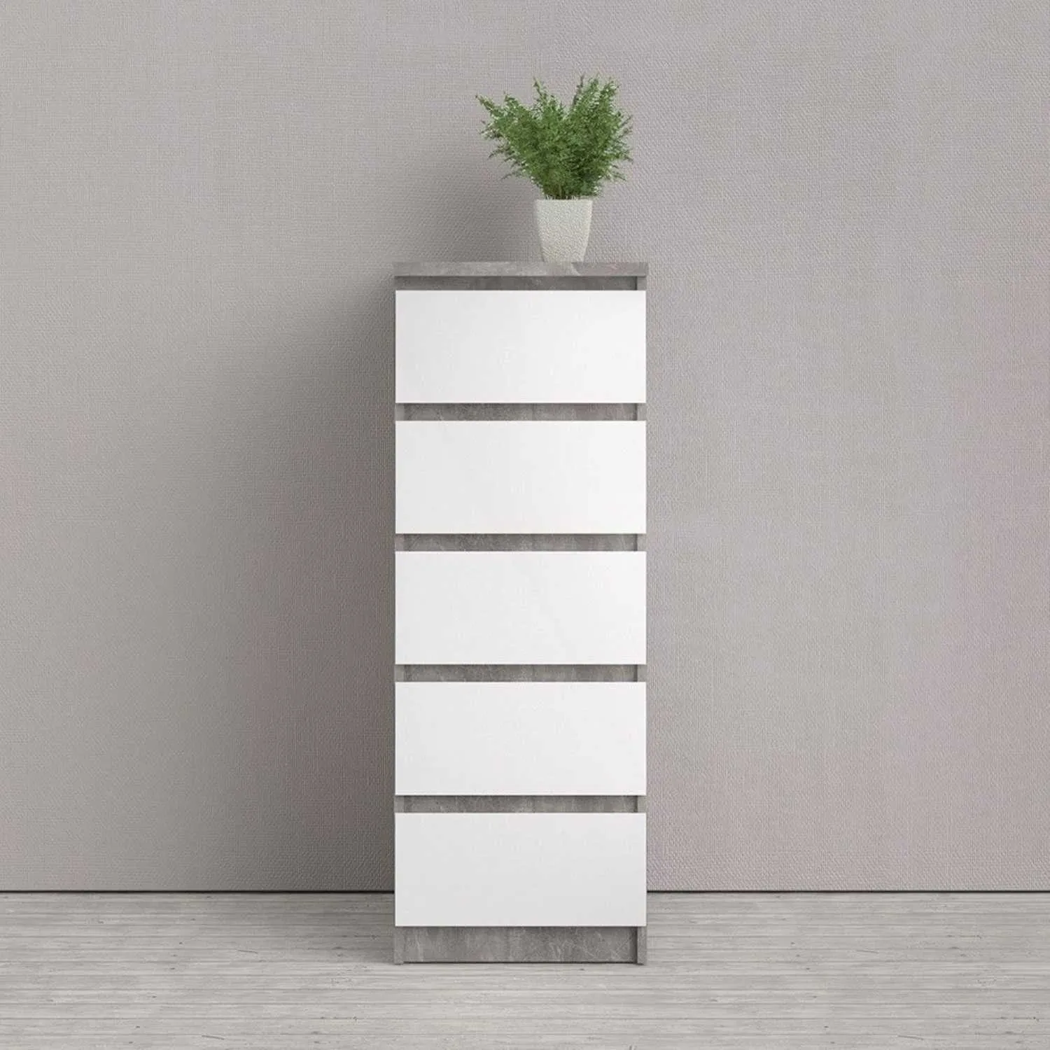 Tall Narrow Concrete And White High Gloss 5 Drawer Chest