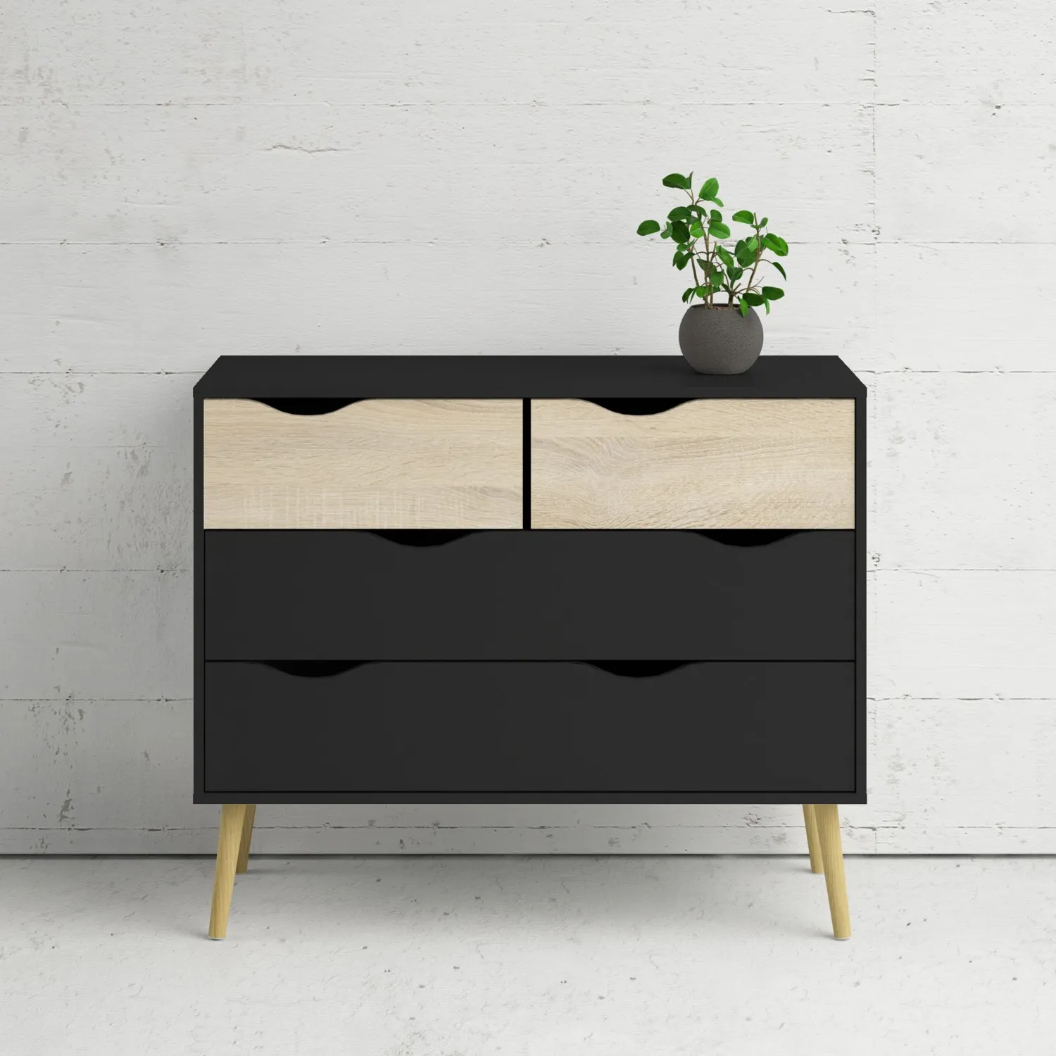 Black Chest of 4 Drawers 2+2 with Light Oak Legs and Front Scandi Style