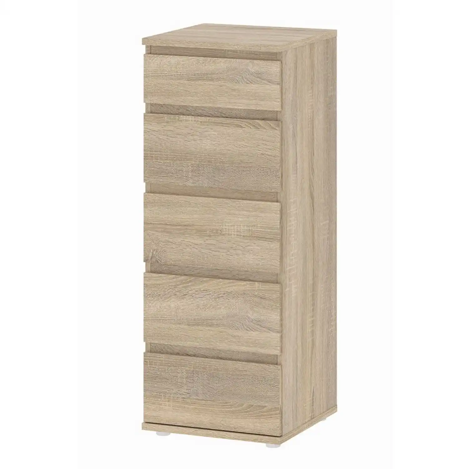 Tall Narrow Slim Oak 5 Drawer Chest With Recessed Handles