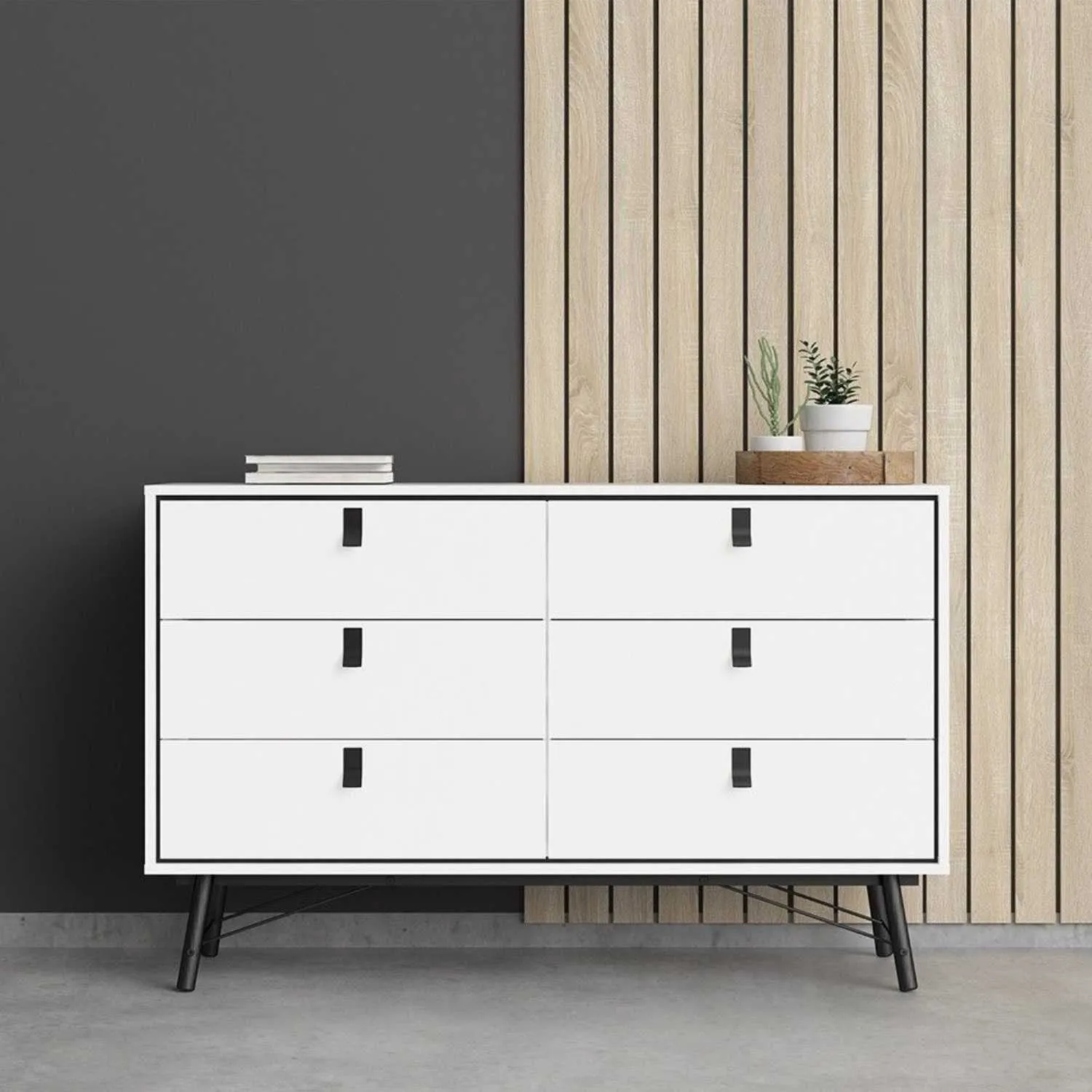 Wide Matt White 6 Drawer Double Chest With Black Handles
