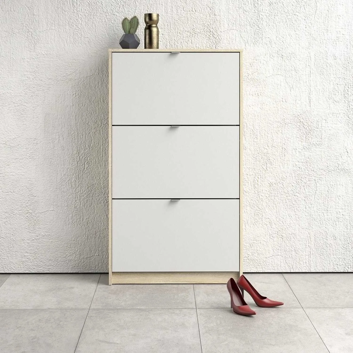 White and Oak Hall Wall Shoes Cabinet 3 Tilting Drop Down Doors 2 Layers