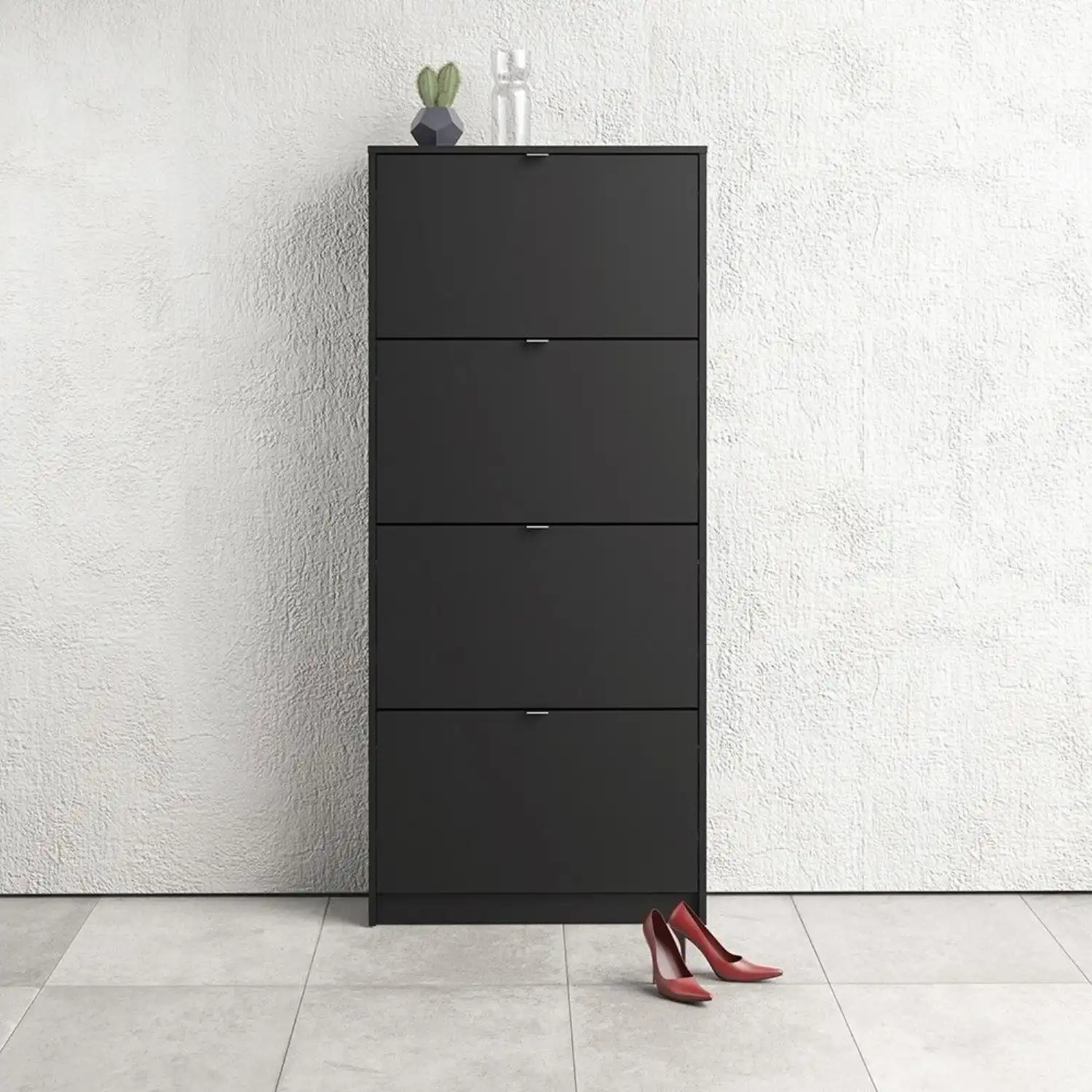 Matt Black Shoe Storage Cabinet Cupboard With 4 Tilting Doors