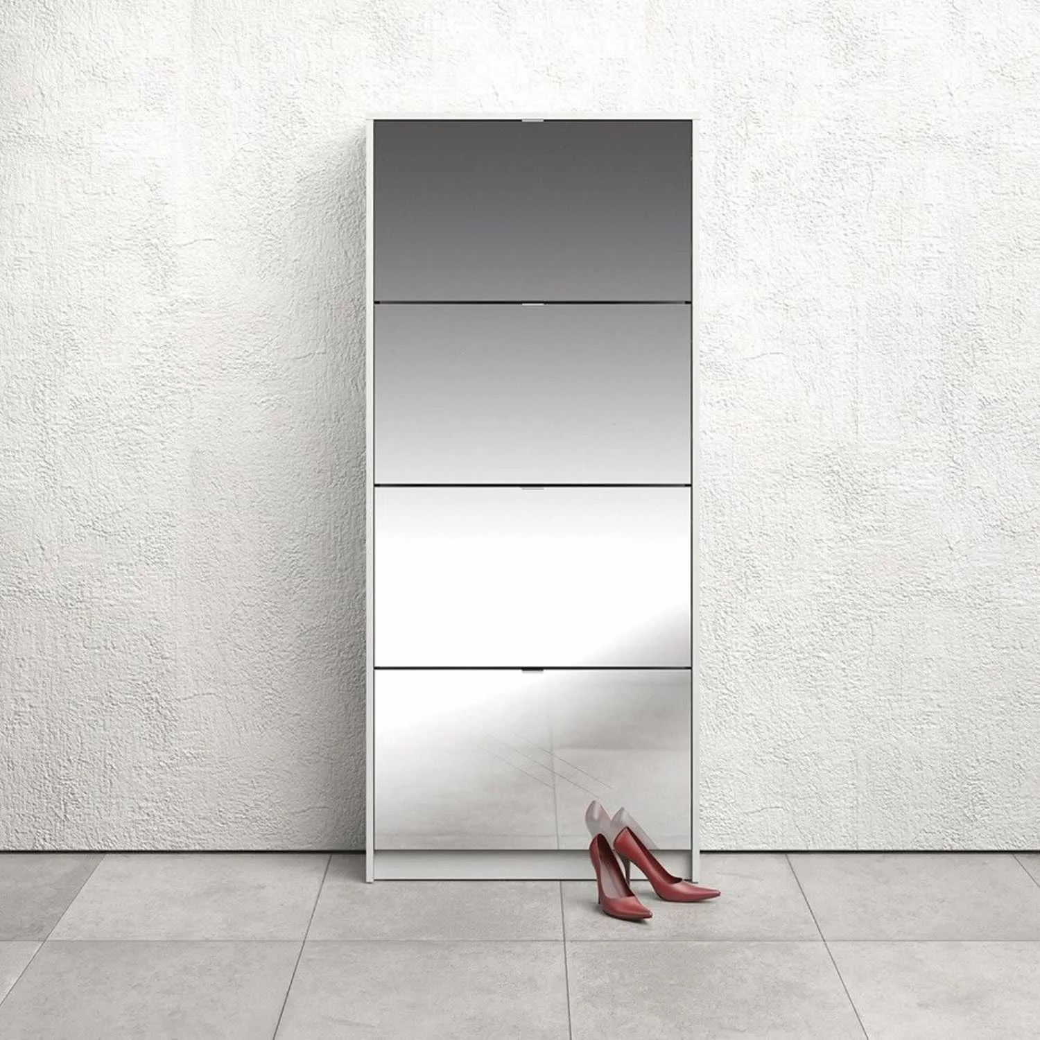 White Shoes Cabinet 4 Mirrored Glass Tilting Drop Down Doors 162cm Tall 2 Layers