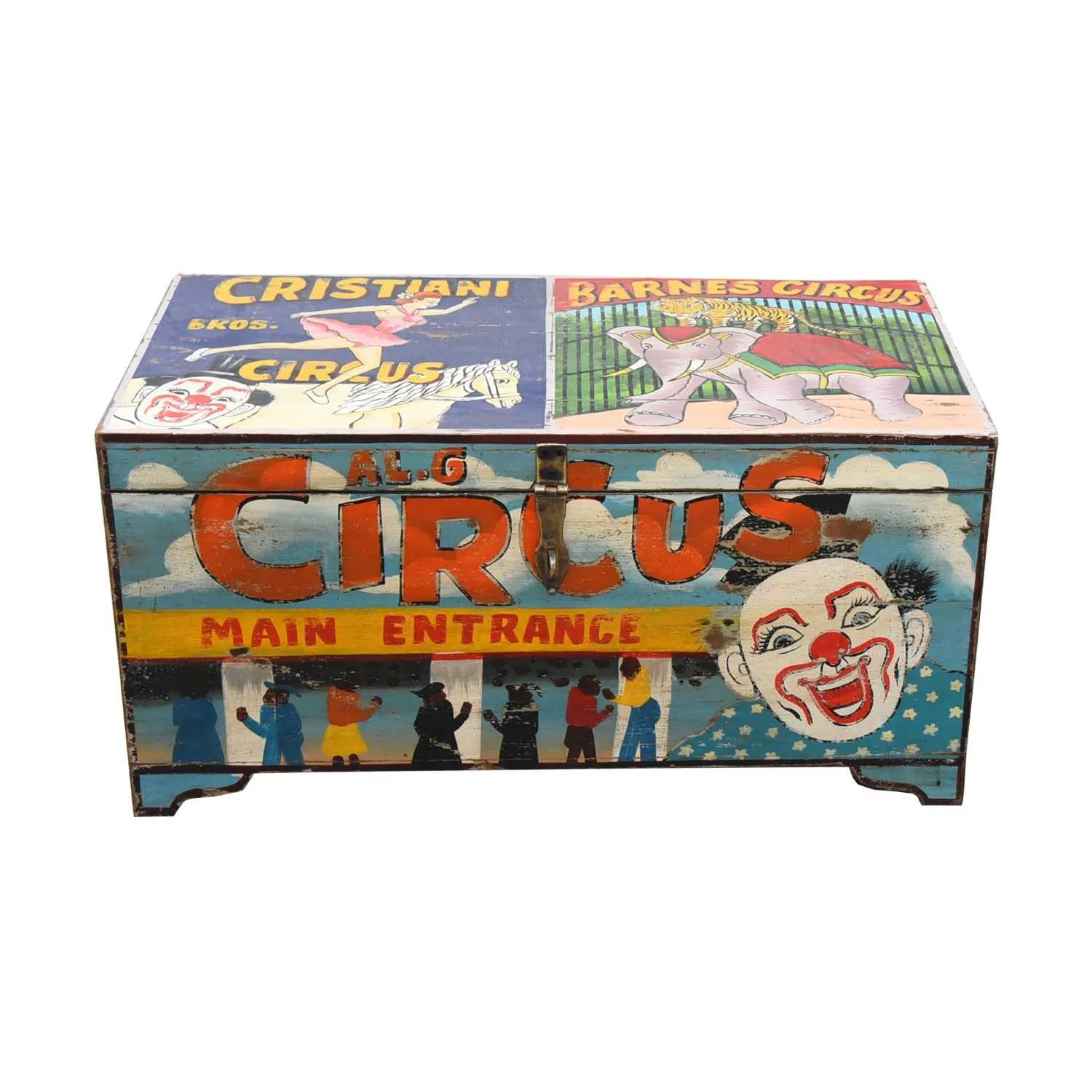 Carnival Hand Painted Multi Coloured Vintage Circus Toy Blanket Box Storage Chest Trunk