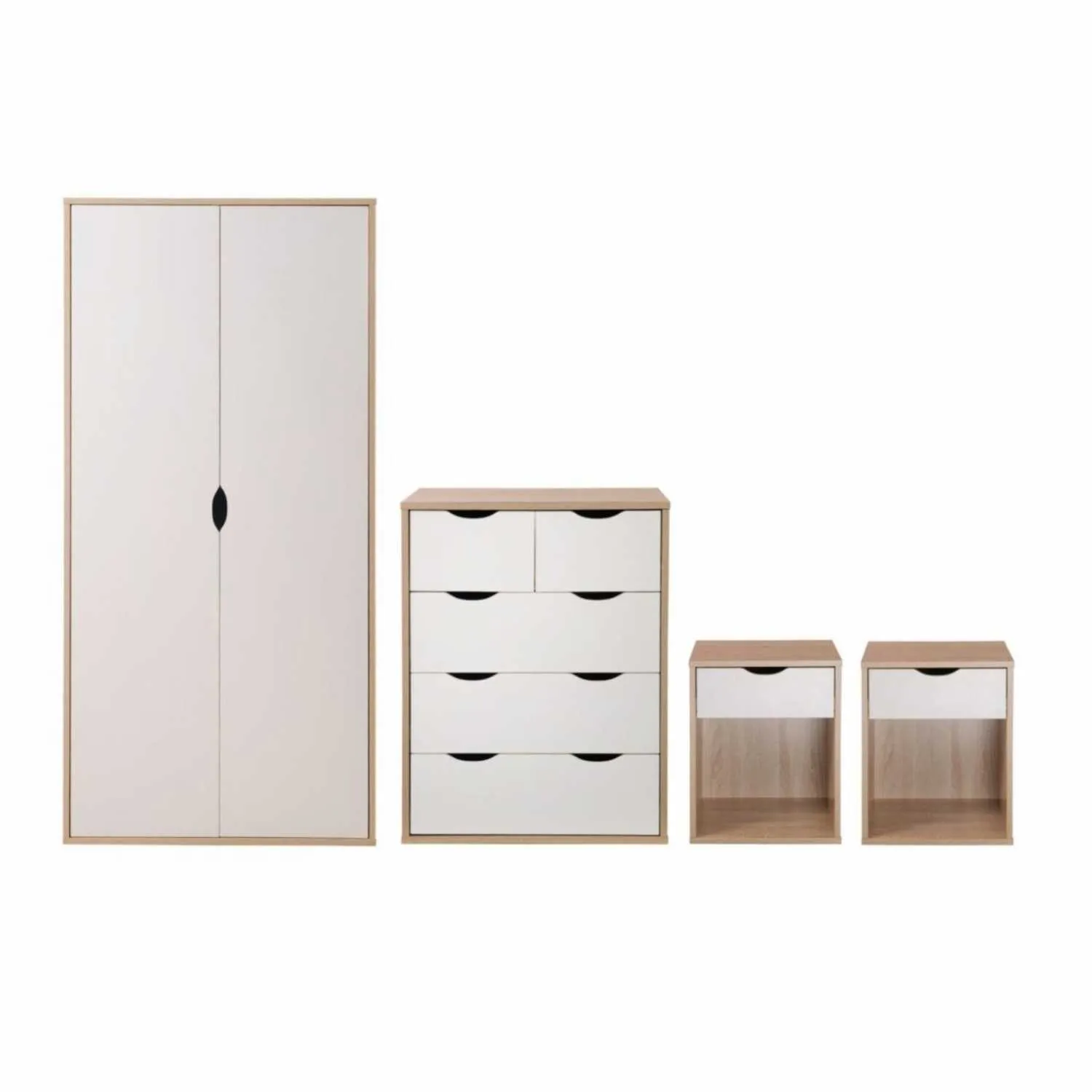 4 Piece Bedroom Set Light Oak and White Chest of 5 Drawers 2 Door Double Wardrobe 2 Bedside Tables