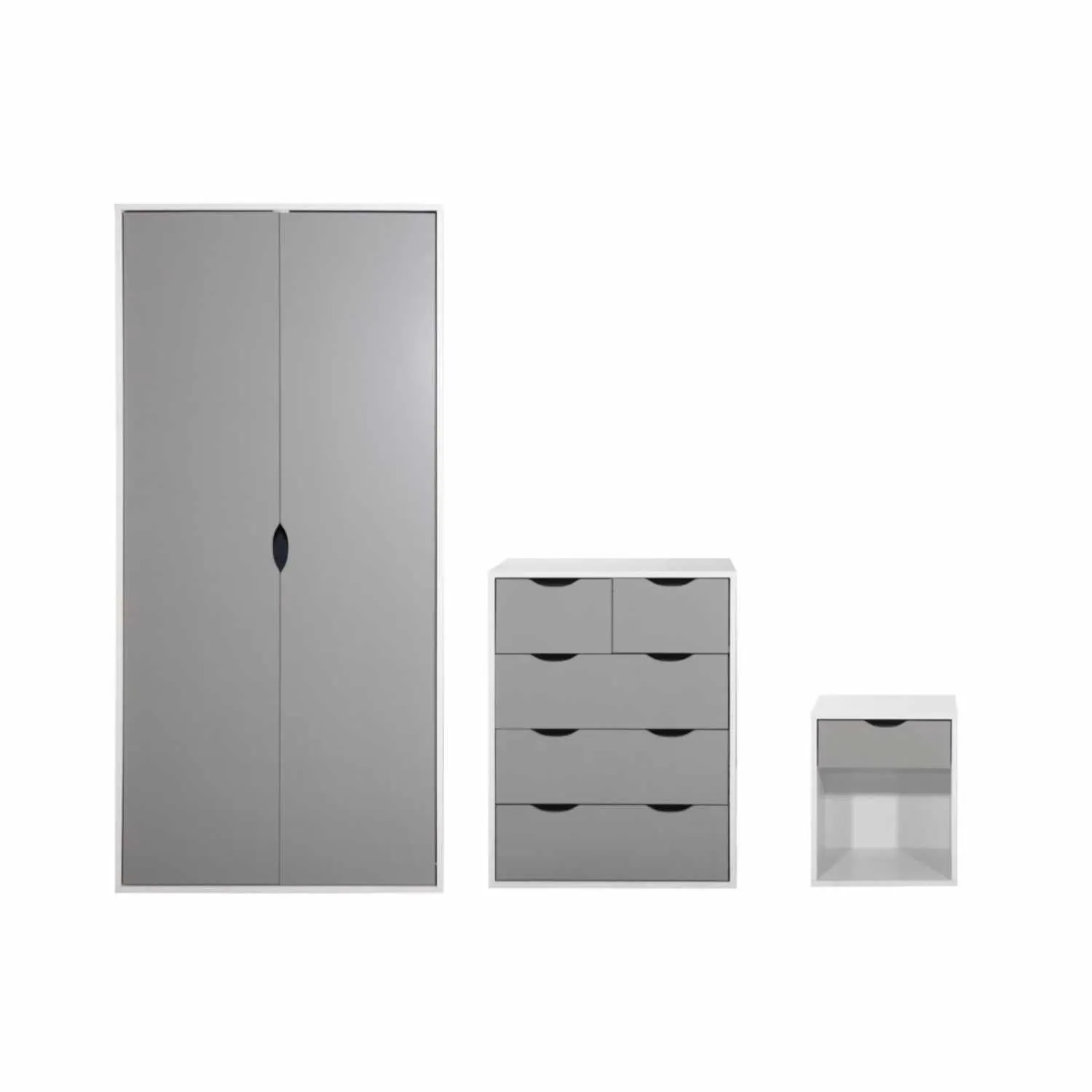 White Grey 3 Piece Double Wardrobe 5 Drawer Chest and Bedside Bedroom Set Modern Style