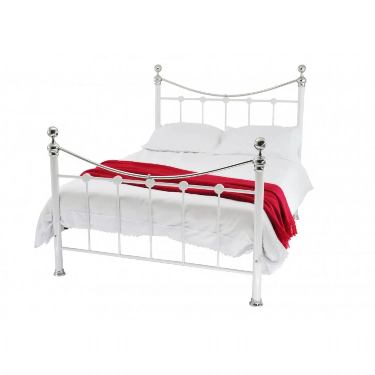 White Metal Bed with Mesh Base and Chrome Knobs 5ft Kingsize