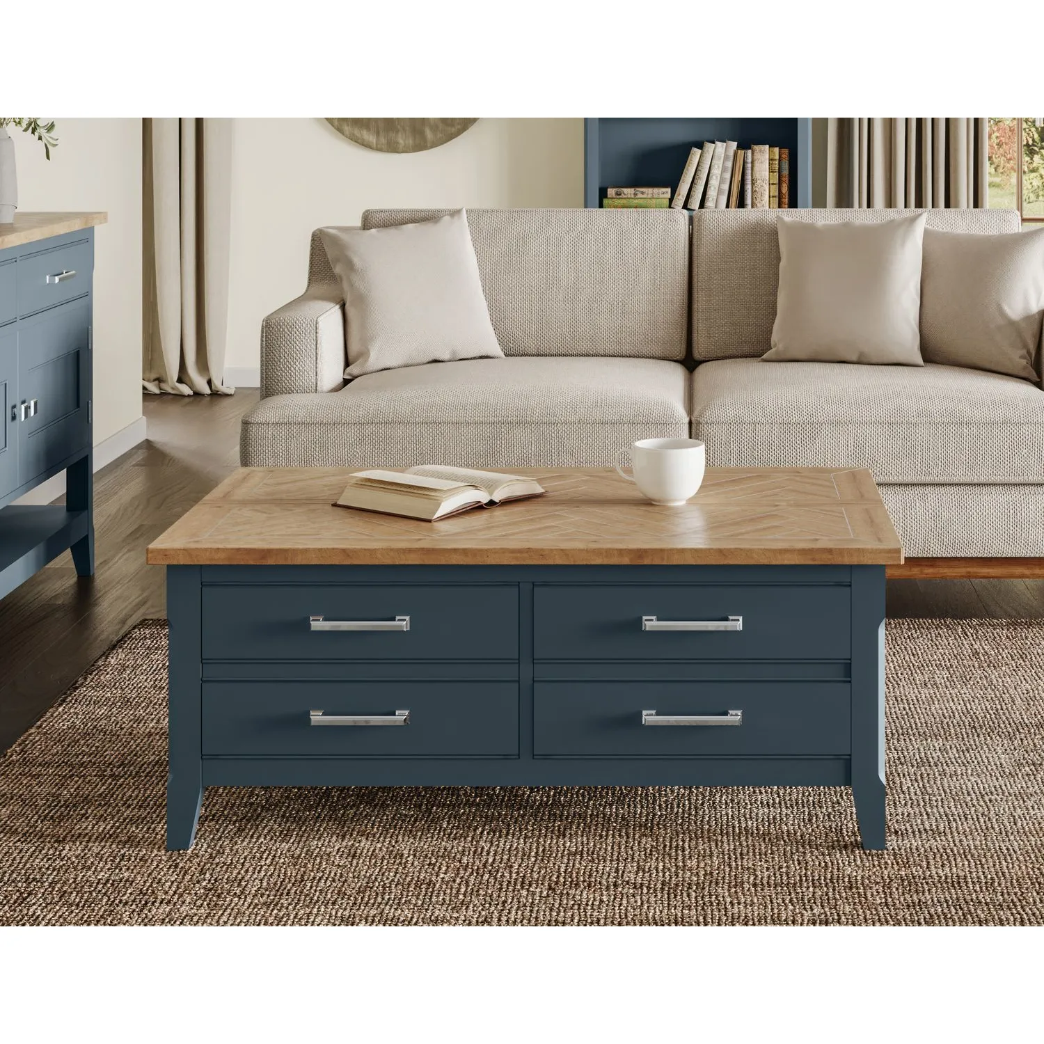 Signature Blue Coffee Table with drawers And hidden storage trunk