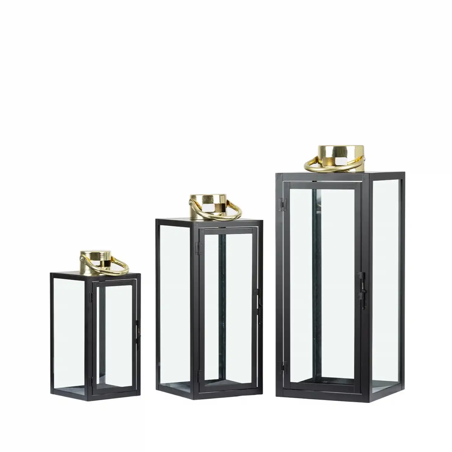 Set Of 3 Black And Gold Steel Lanterns
