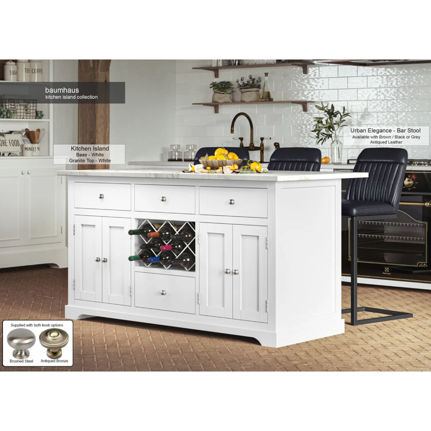 White Painted Granite Top Kitchen Island Unit with Wine Rack