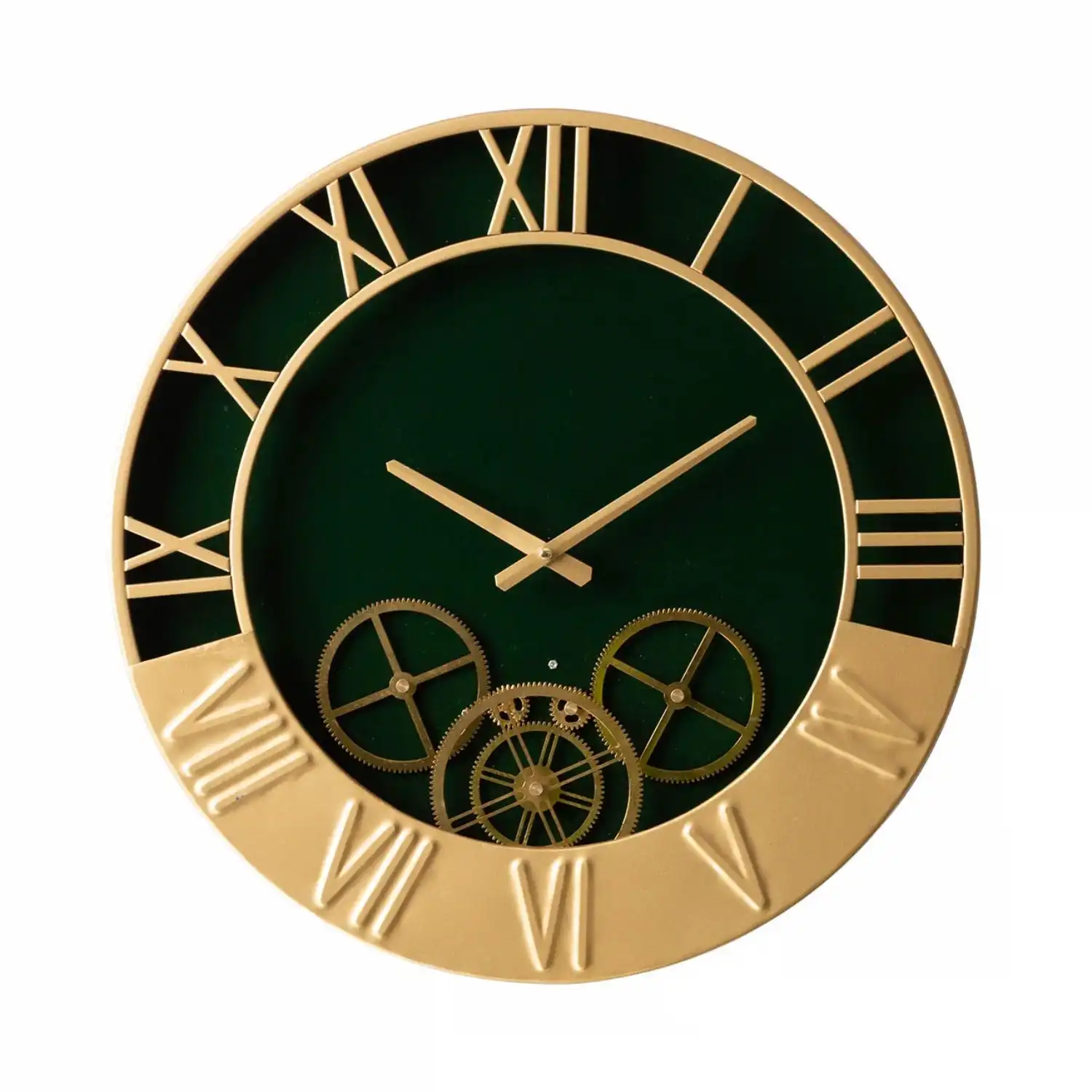Dark Green And Gold Metal Gears Wall Clock