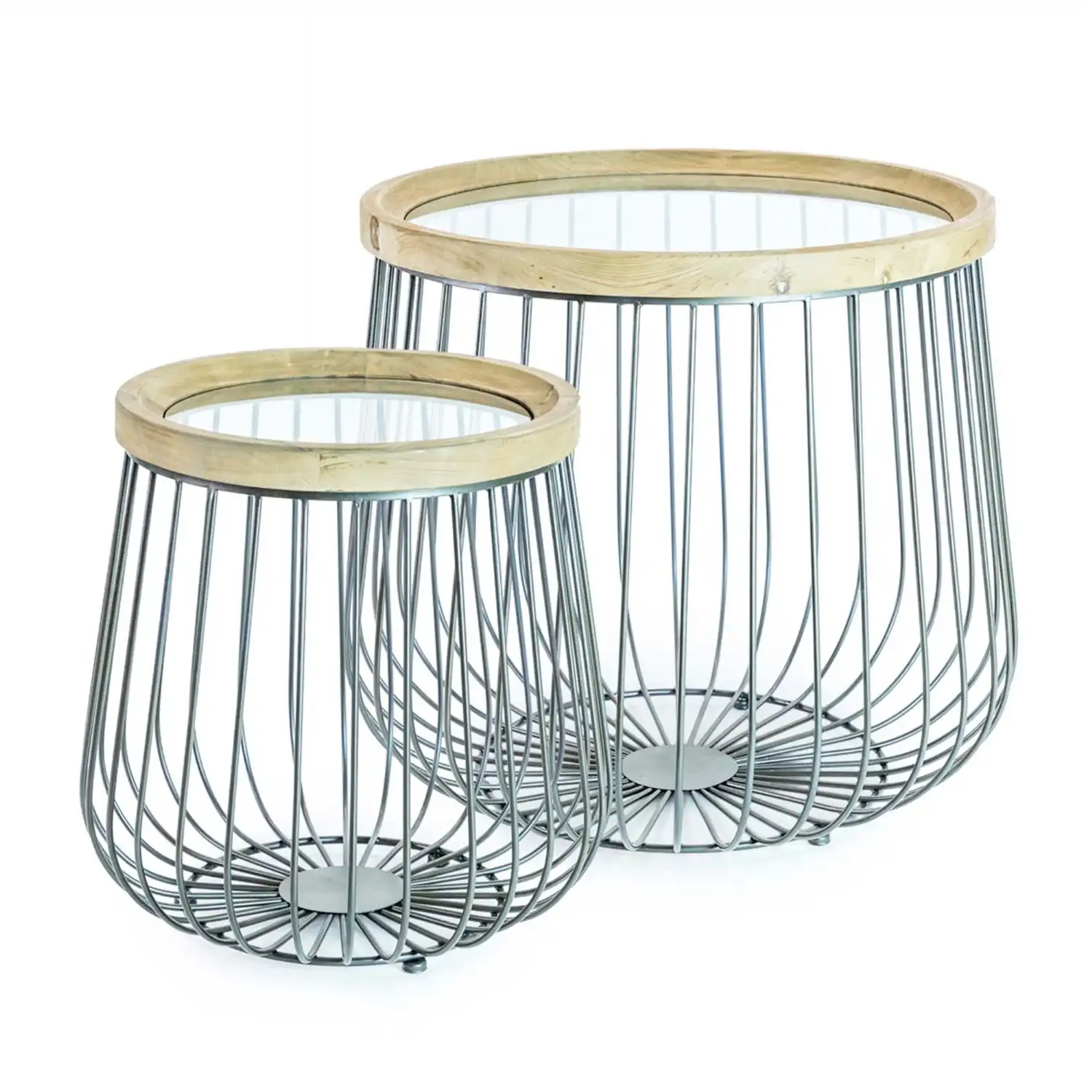 Silver Metal Set of 2 Cage Round Side Tables